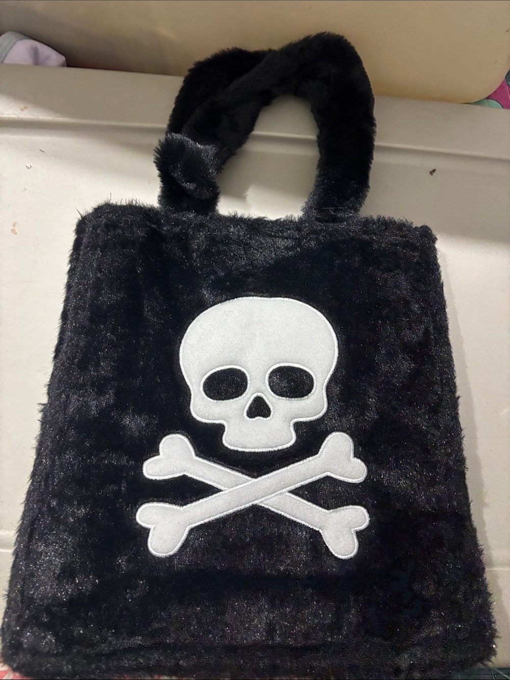 Kids Black Faux Fur Tote with White Skull & Crossbones Accent